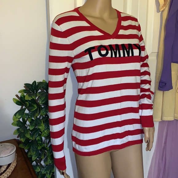 Tommy Hilfiger red white Striped v neck pullover sweater tunic S - Picture 4 of 14